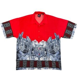 Vintage Southpole Mens XL Red Palm Tree Hawaiian Button Down Shirt Streetwear